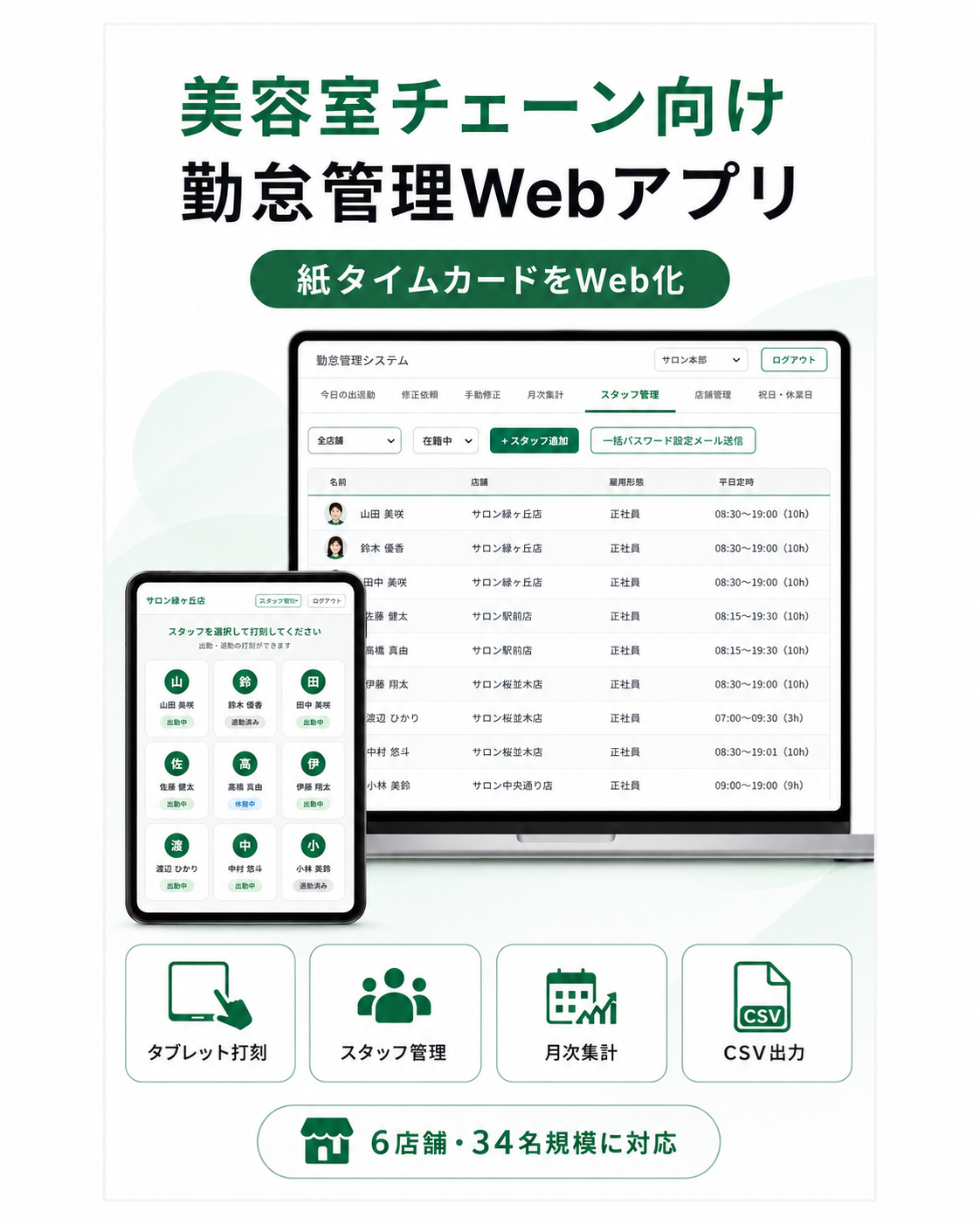 美容室チェーン向け 勤怠管理Webアプリ