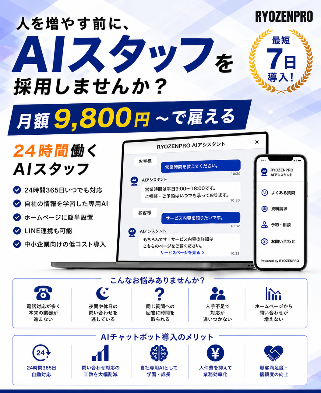 人を増やす前に、AIスタッフを採用しませんか？ 月額9,800円〜・最短7日で導入できる24時間働くAIチャットボット